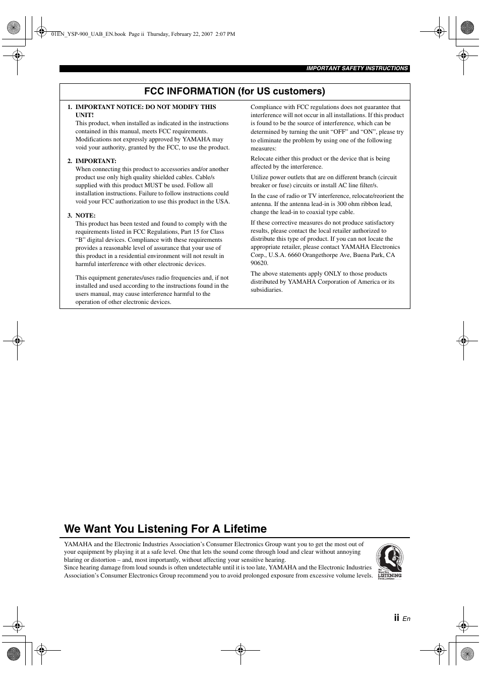We want you listening for a lifetime, Fcc information (for us customers) | Yamaha Digital Sound YSP-900 User Manual | Page 3 / 96