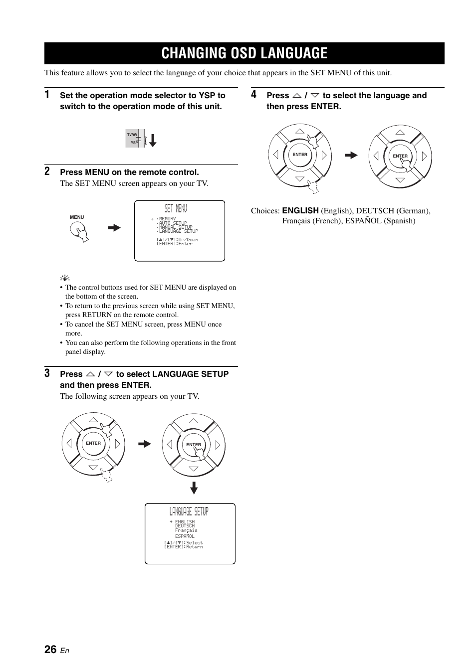 Changing osd language, Convenient usage of the system memory, Set menu | Language set up | Yamaha Digital Sound YSP-900 User Manual | Page 30 / 96