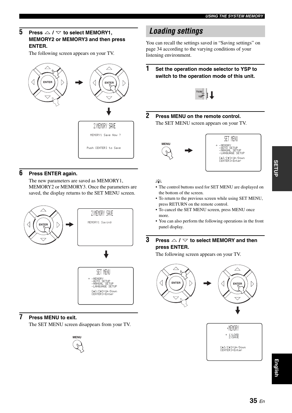Loading settings, Selecting the input source, Set menu | Yamaha Digital Sound YSP-900 User Manual | Page 39 / 96
