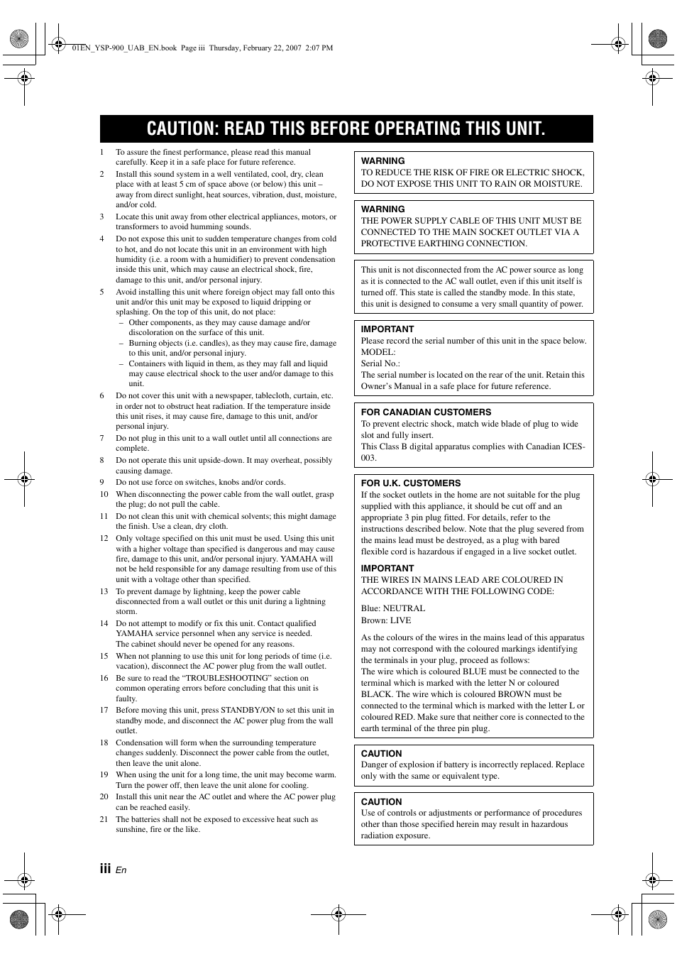 Caution: read this before operating this unit | Yamaha Digital Sound YSP-900 User Manual | Page 4 / 96