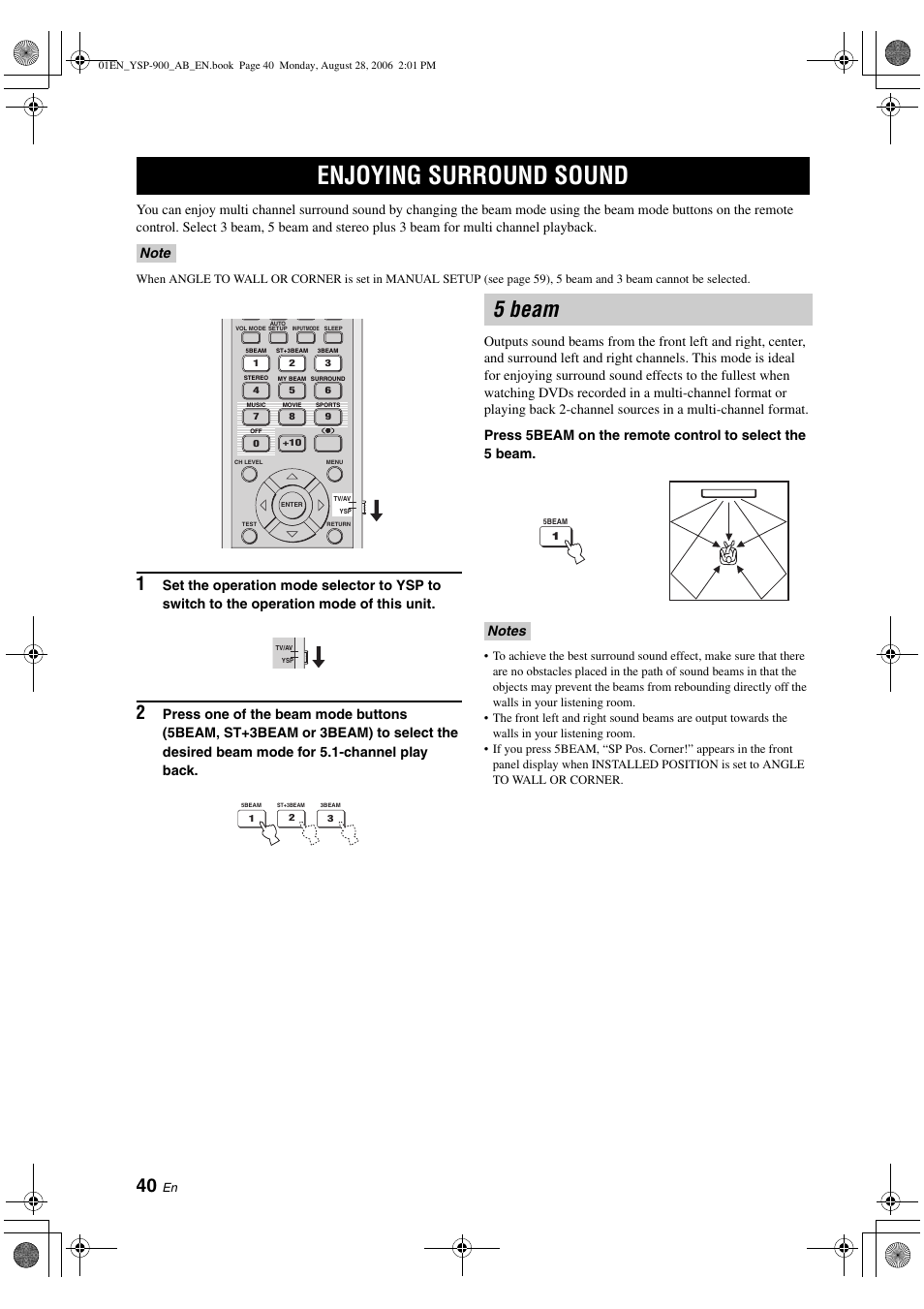Enjoying surround sound, 5 beam | Yamaha Digital Sound YSP-900 User Manual | Page 44 / 96