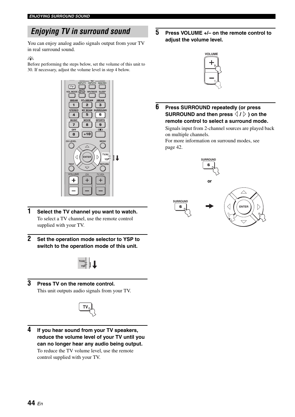 Enjoying tv in surround sound, Using auto-adjust function | Yamaha Digital Sound YSP-900 User Manual | Page 48 / 96