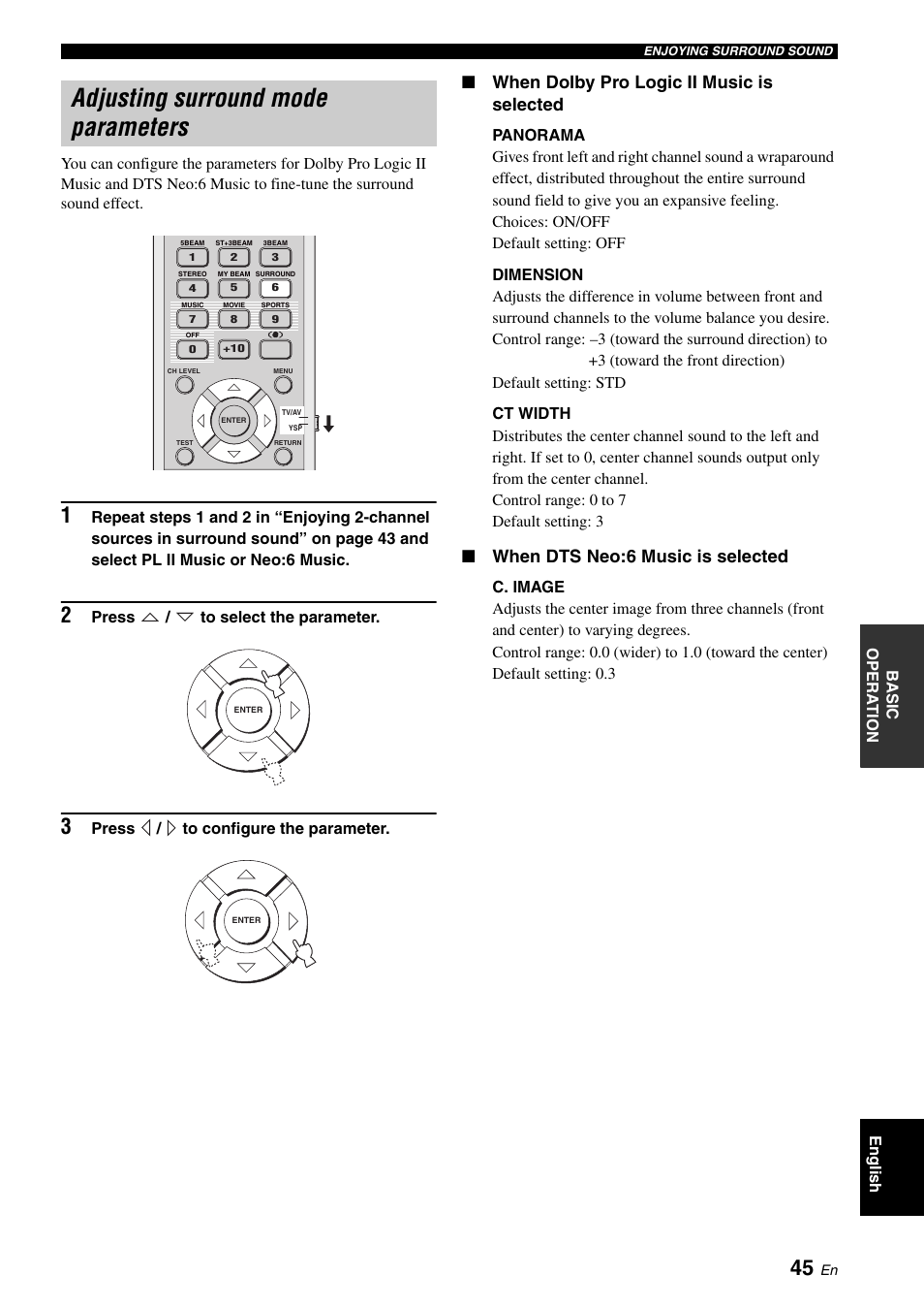 Adjusting surround mode parameters, Using manual-adjust function, When dolby pro logic ii music is selected | When dts neo:6 music is selected | Yamaha Digital Sound YSP-900 User Manual | Page 49 / 96