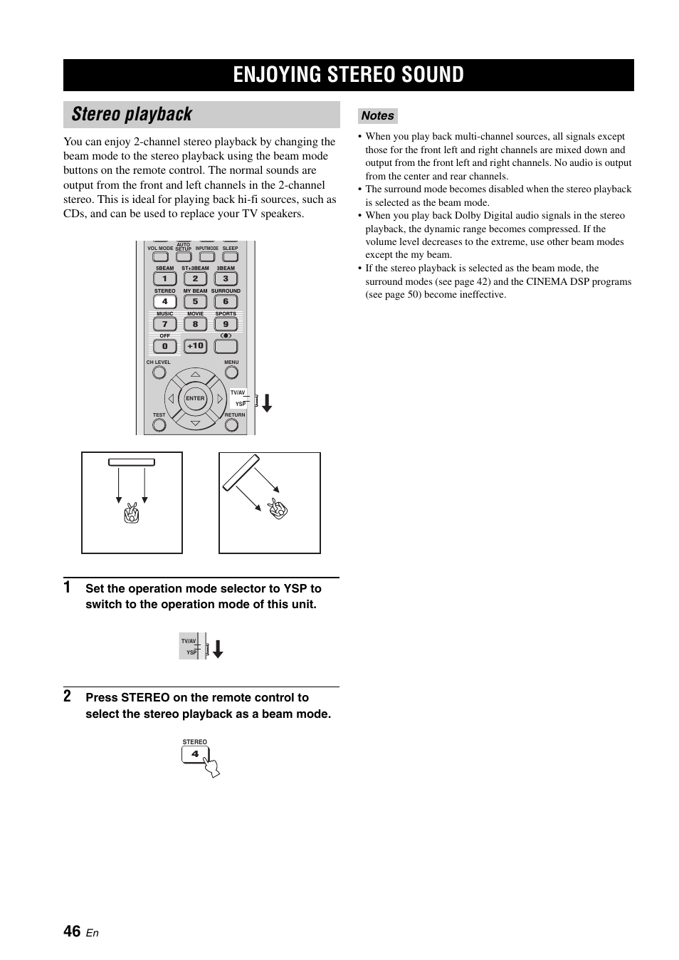 Enjoying stereo sound, Stereo playback, Using sound field programs | What is a sound field | Yamaha Digital Sound YSP-900 User Manual | Page 50 / 96