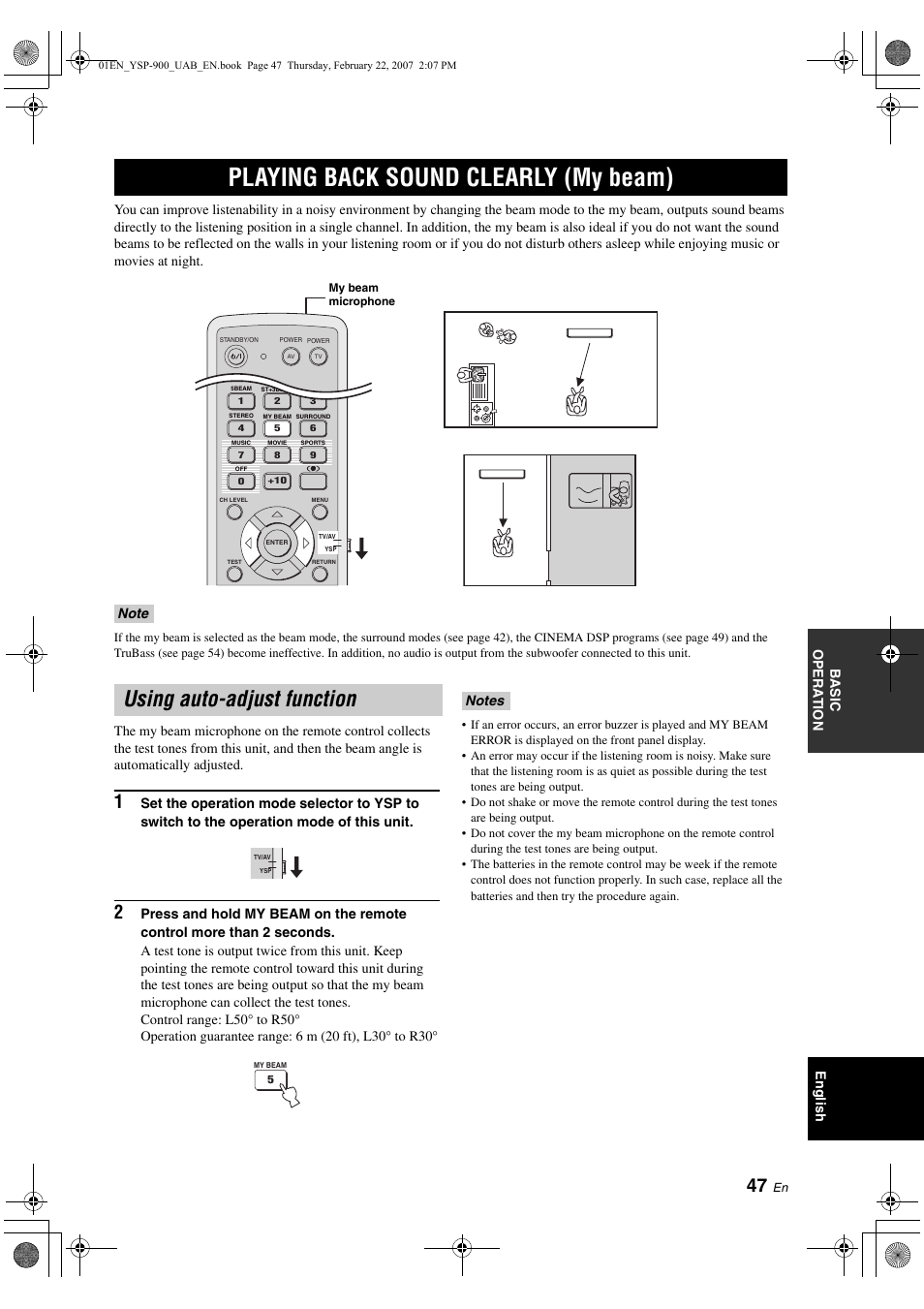 Playing back sound clearly (my beam), Using auto-adjust function, Turning on cinema dsp programs | Turning off cinema dsp programs, Adjusting cinema dsp effect levels, D 47) | Yamaha Digital Sound YSP-900 User Manual | Page 51 / 96