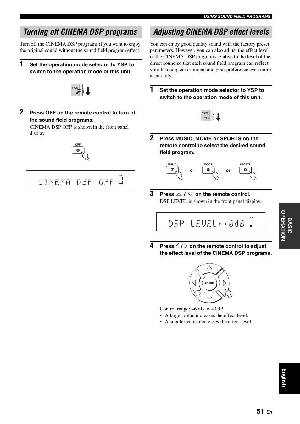 Turning off cinema dsp programs, Adjusting cinema dsp effect levels, Trubass) | Using the sleep timer | Yamaha Digital Sound YSP-900 User Manual | Page 55 / 96