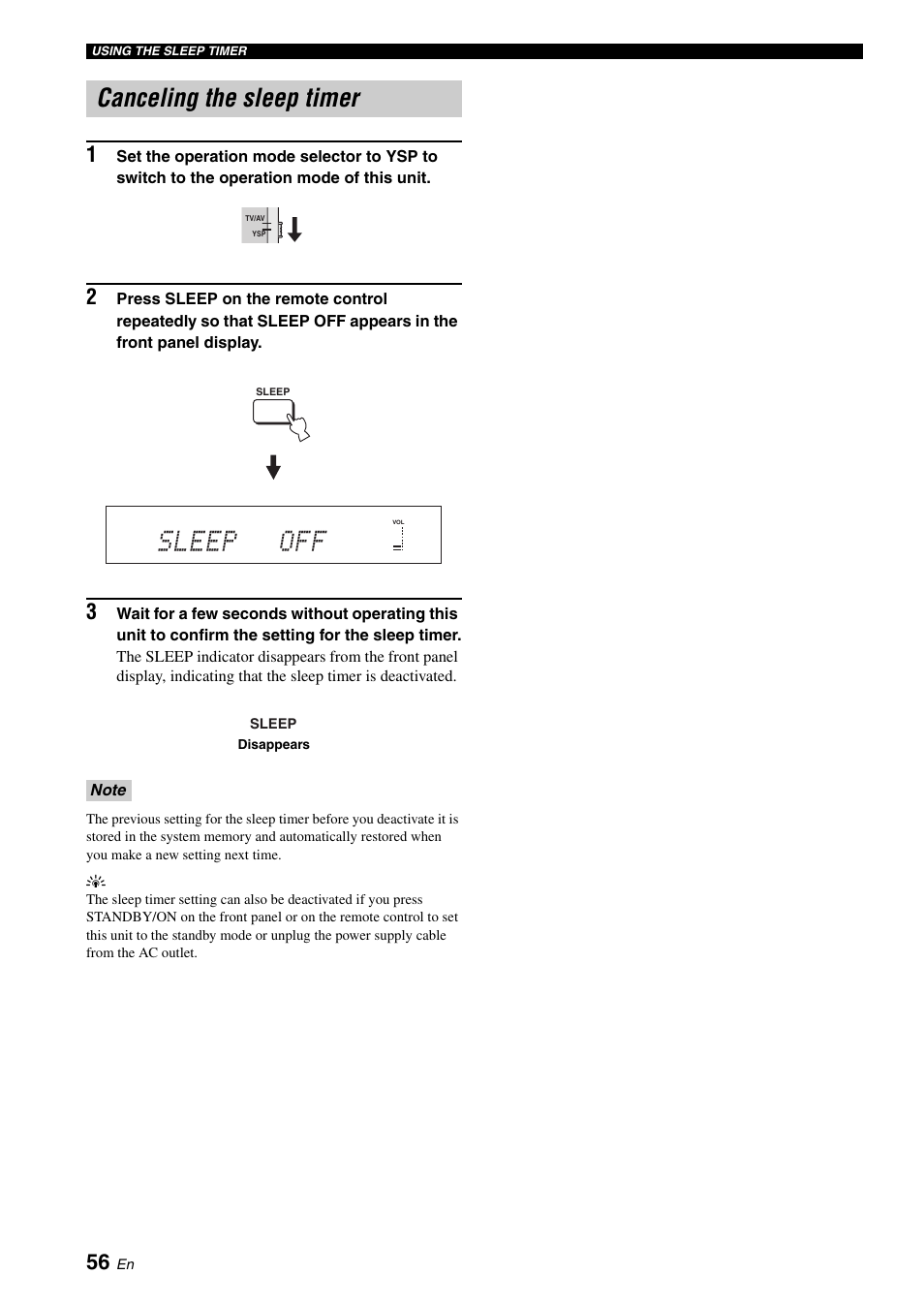 Canceling the sleep timer, Using manual setup, Sleep off | Yamaha Digital Sound YSP-900 User Manual | Page 60 / 96