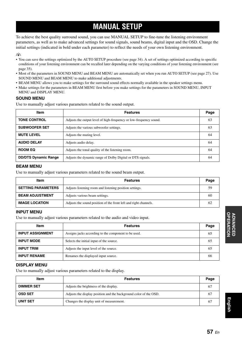 Advanced operation, Manual setup, Adjusting the audio balance | Yamaha Digital Sound YSP-900 User Manual | Page 61 / 96