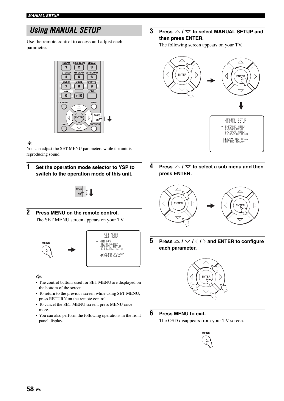 Using manual setup, Using the test tone, Set menu | Manual setup, Press / to select a sub menu and then press enter, Press / / / and enter to configure each parameter | Yamaha Digital Sound YSP-900 User Manual | Page 62 / 96