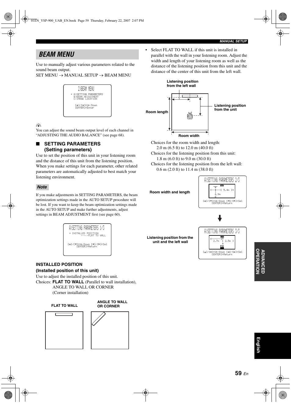 Beam menu, Using the audio output being played back, 2) beam menu | A)setting parameters 1/3, A)setting parameters 2/3, A)setting parameters 3/3, Setting parameters (setting parameters) | Yamaha Digital Sound YSP-900 User Manual | Page 63 / 96