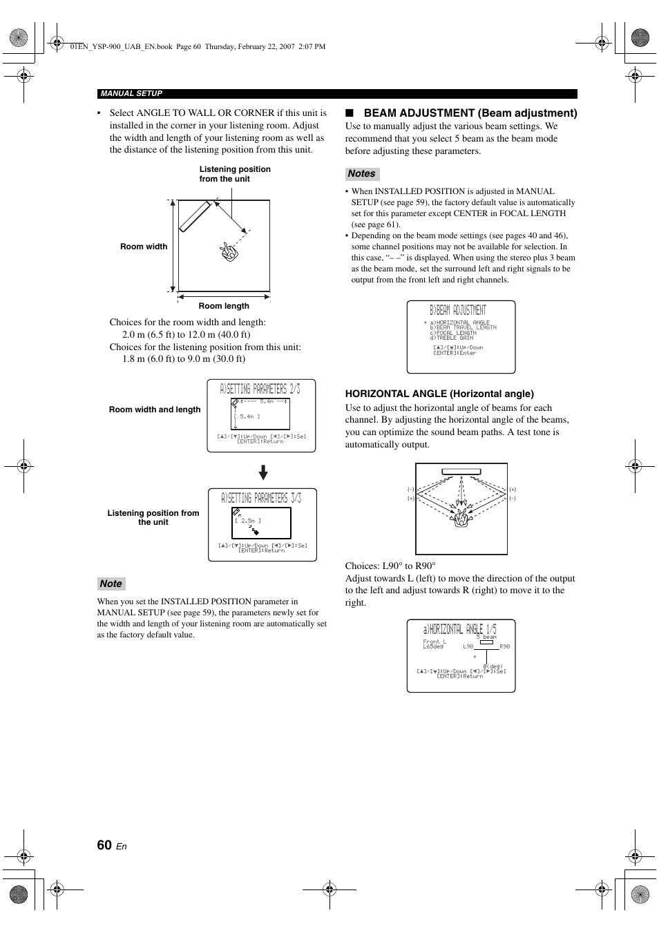 A)setting parameters 2/3, A)setting parameters 3/3, B)beam adjustment | A)horizontal angle 1/5, Beam adjustment (beam adjustment) | Yamaha Digital Sound YSP-900 User Manual | Page 64 / 96