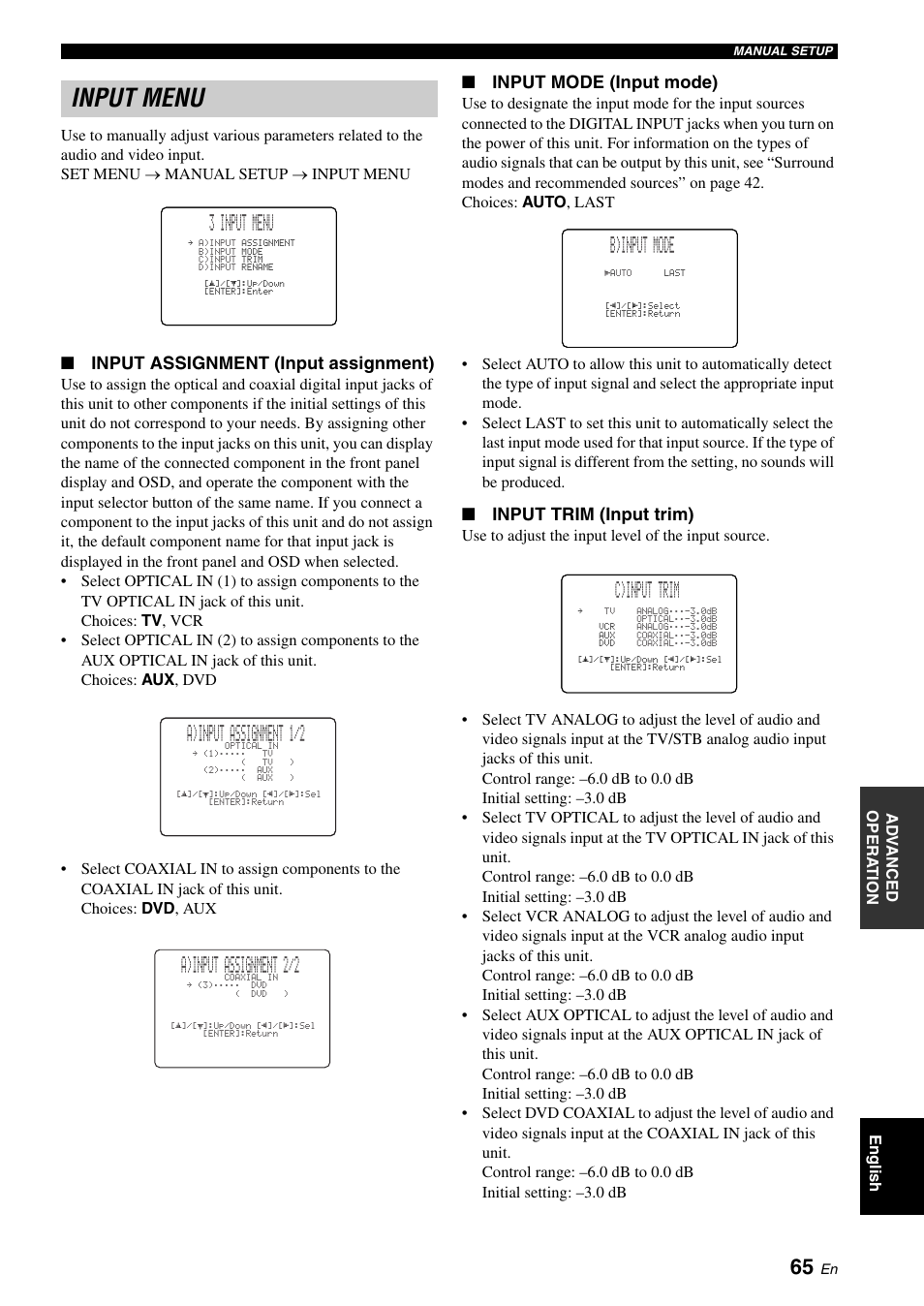 Input menu, Adjusting system parameters, 3 input menu | A)input assignment 1/2, A)input assignment 2/2, B) input mode, C)input trim, Input assignment (input assignment), Input mode (input mode), Input trim (input trim) | Yamaha Digital Sound YSP-900 User Manual | Page 69 / 96