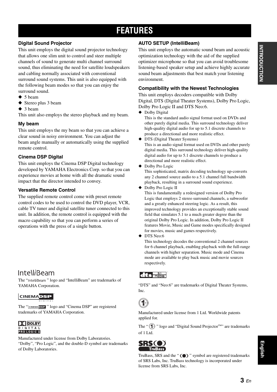 Features, Rear panel | Yamaha Digital Sound YSP-900 User Manual | Page 7 / 96