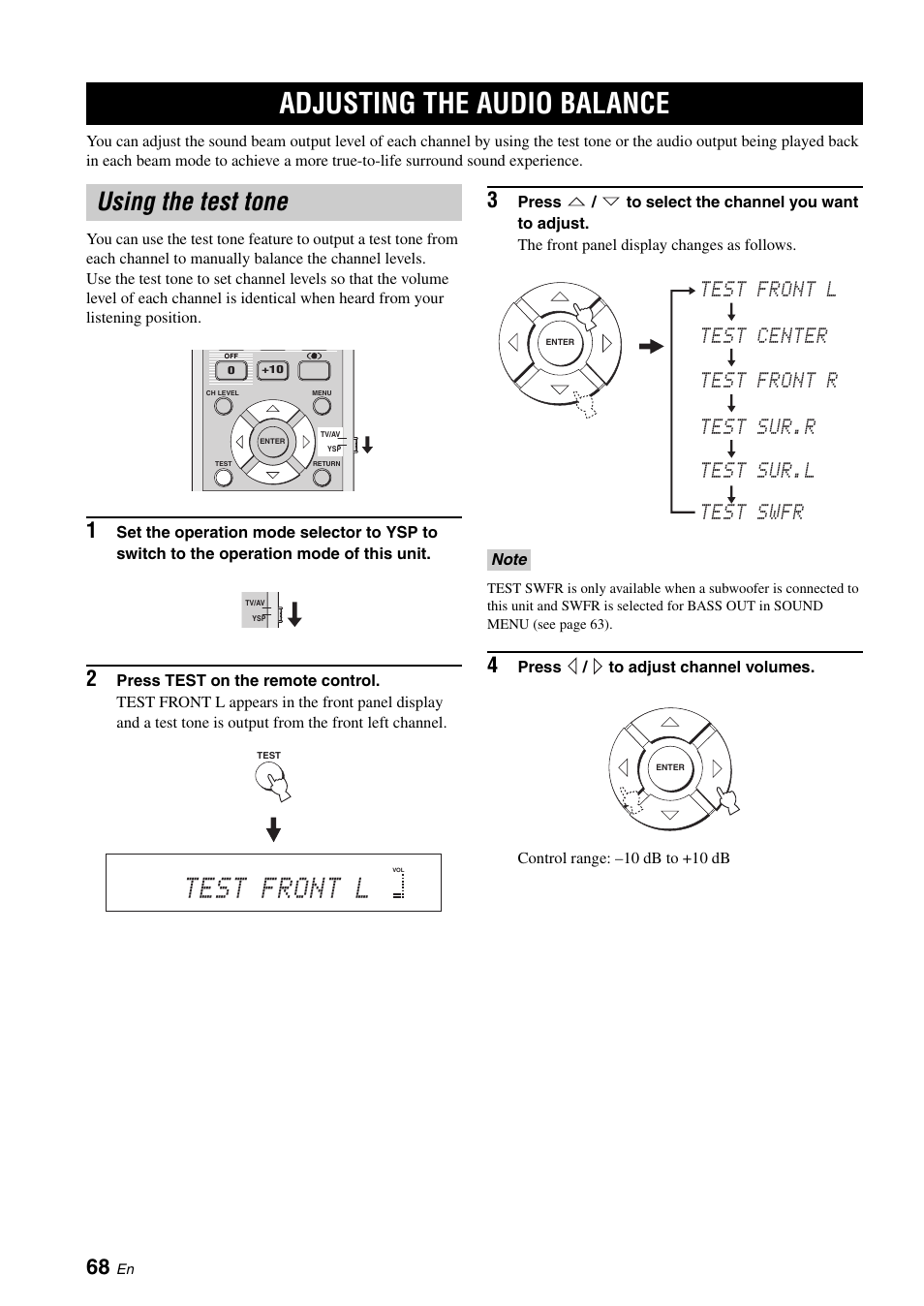 Adjusting the audio balance, Using the test tone, Setting the memory protect | Setting the max volume, Test front l | Yamaha Digital Sound YSP-900 User Manual | Page 72 / 96