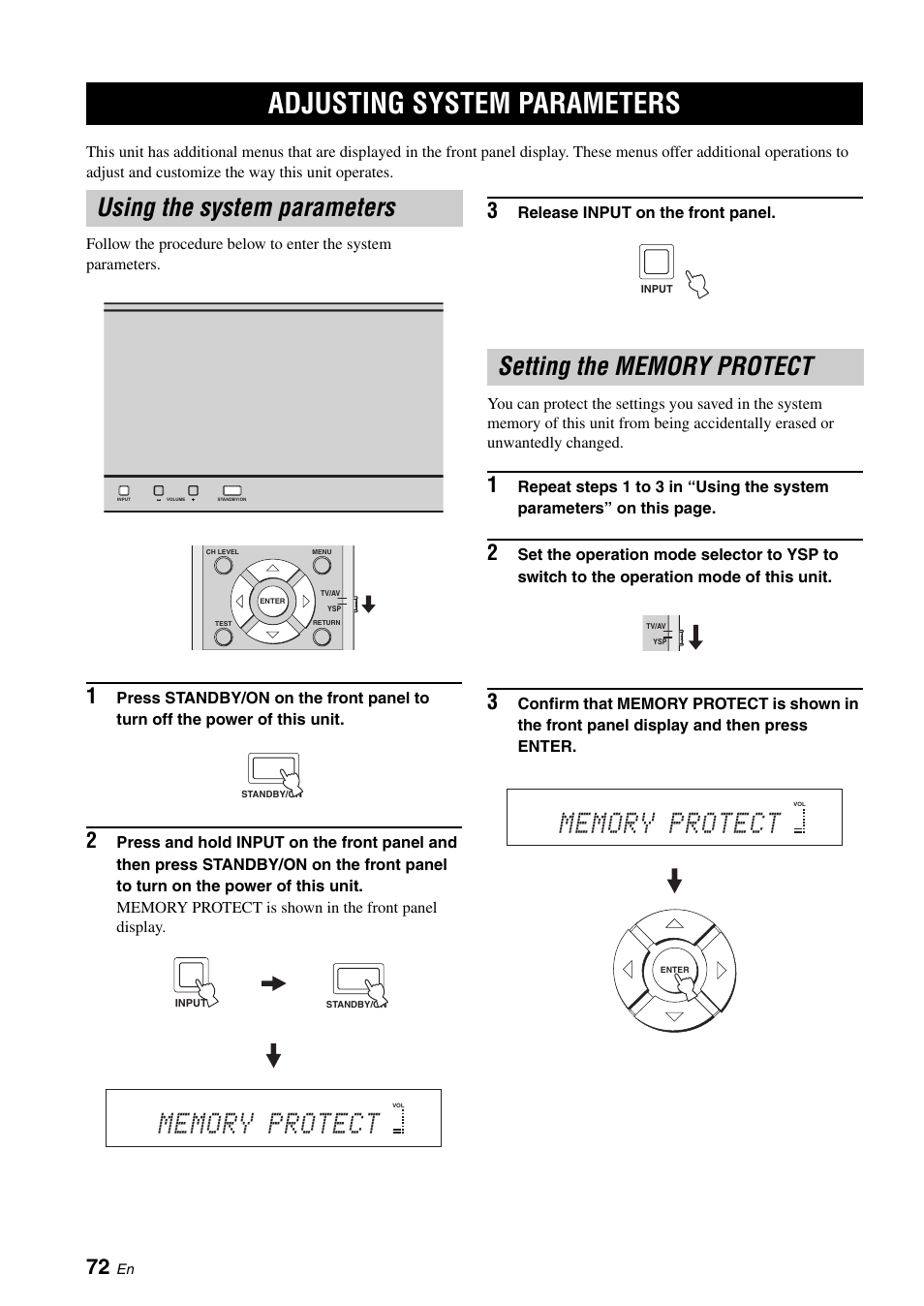 Adjusting system parameters, Using the system parameters, Setting the memory protect | Setting the factory preset, Remote control features, Setting remote control codes | Yamaha Digital Sound YSP-900 User Manual | Page 76 / 96