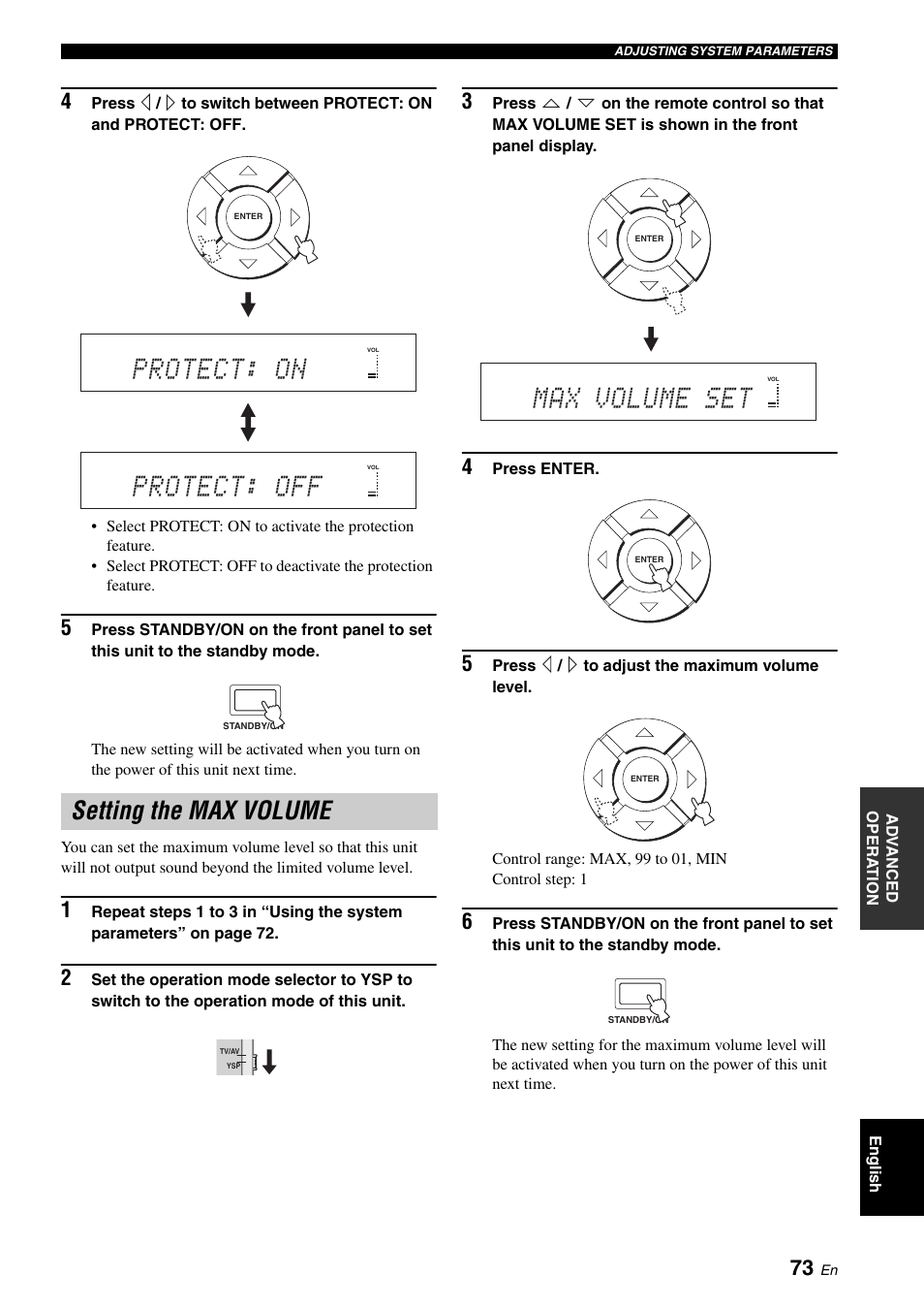 Setting the max volume, Protect: on, Protect: off | Max volume set | Yamaha Digital Sound YSP-900 User Manual | Page 77 / 96