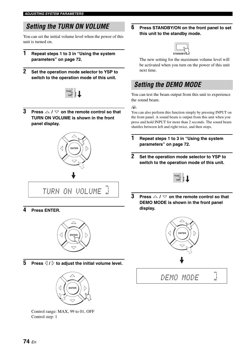 Setting the turn on volume, Setting the demo mode, Using the tv macro | Turn on volume, Demo mode | Yamaha Digital Sound YSP-900 User Manual | Page 78 / 96