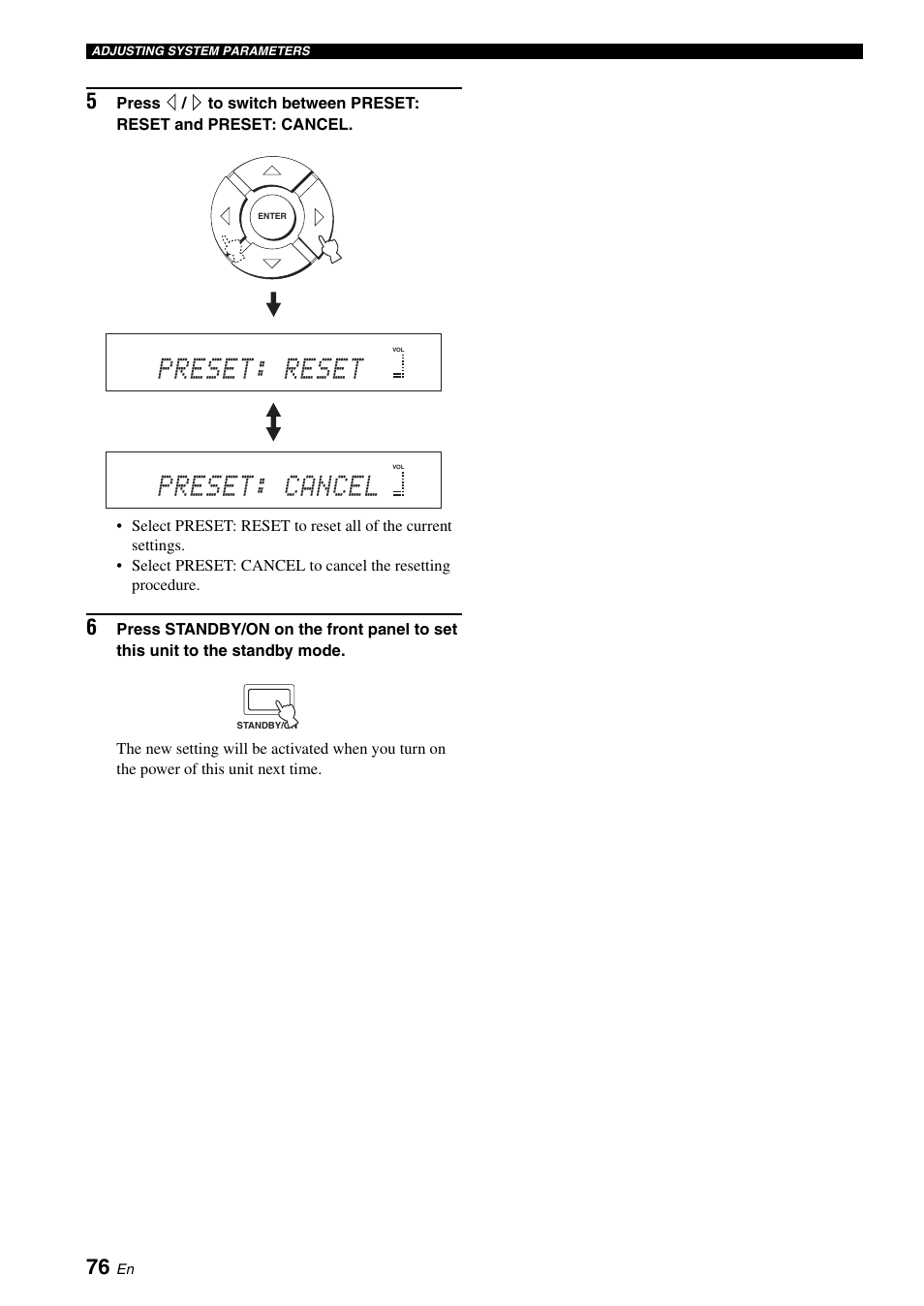 Preset: reset, Preset: cancel | Yamaha Digital Sound YSP-900 User Manual | Page 80 / 96