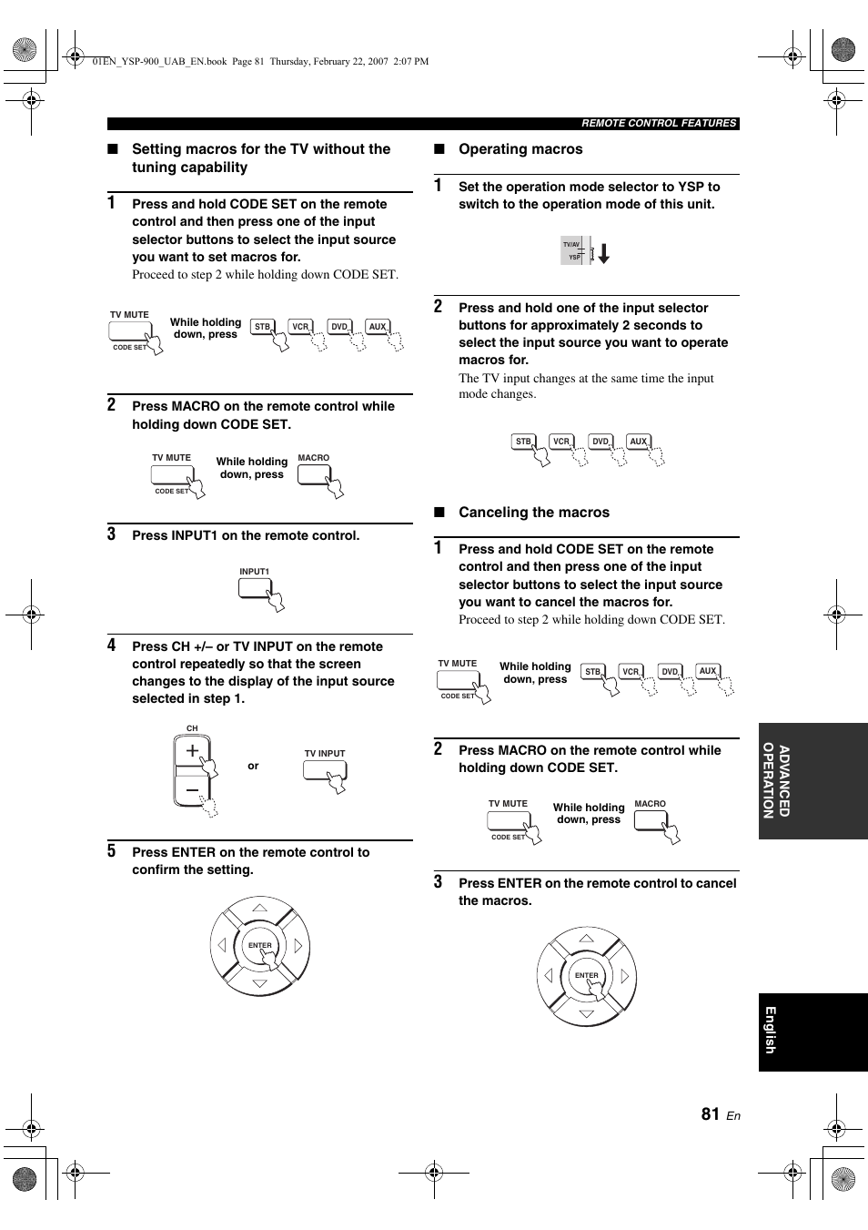 Operating macros, Canceling the macros | Yamaha Digital Sound YSP-900 User Manual | Page 85 / 96