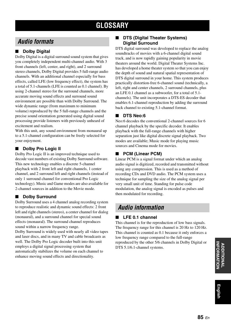 Glossary, Audio formats, Audio information | List of remote control codes, Audio formats audio information | Yamaha Digital Sound YSP-900 User Manual | Page 89 / 96