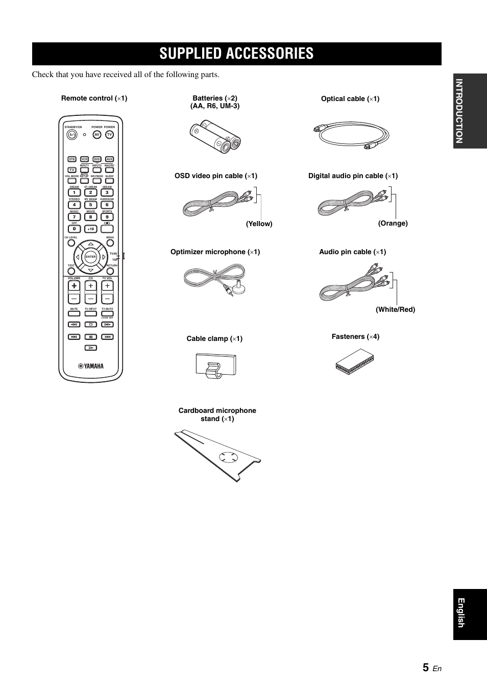 Supplied accessories | Yamaha Digital Sound YSP-900 User Manual | Page 9 / 96