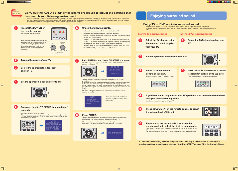 Enjoying surround sound, Enjoy tv or dvd audio in surround sound, Check the following points | Press enter to start the auto setup procedure, Press enter, Press standby/on on the remote control, Enjoying dvds in surround sound, Auto setup, Auto setup start, Show result | Yamaha Digital Sound YSP-900 User Manual | Page 96 / 96