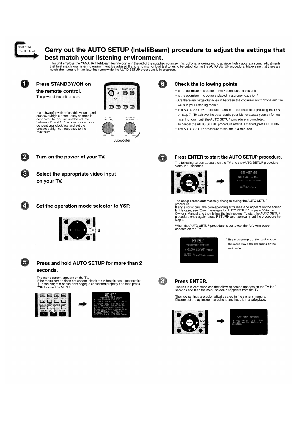 Subwoofer, Press standby/on on the remote control, Check the following points | O exp a, Press enter | Yamaha YSP-1100 User Manual | Page 103 / 104