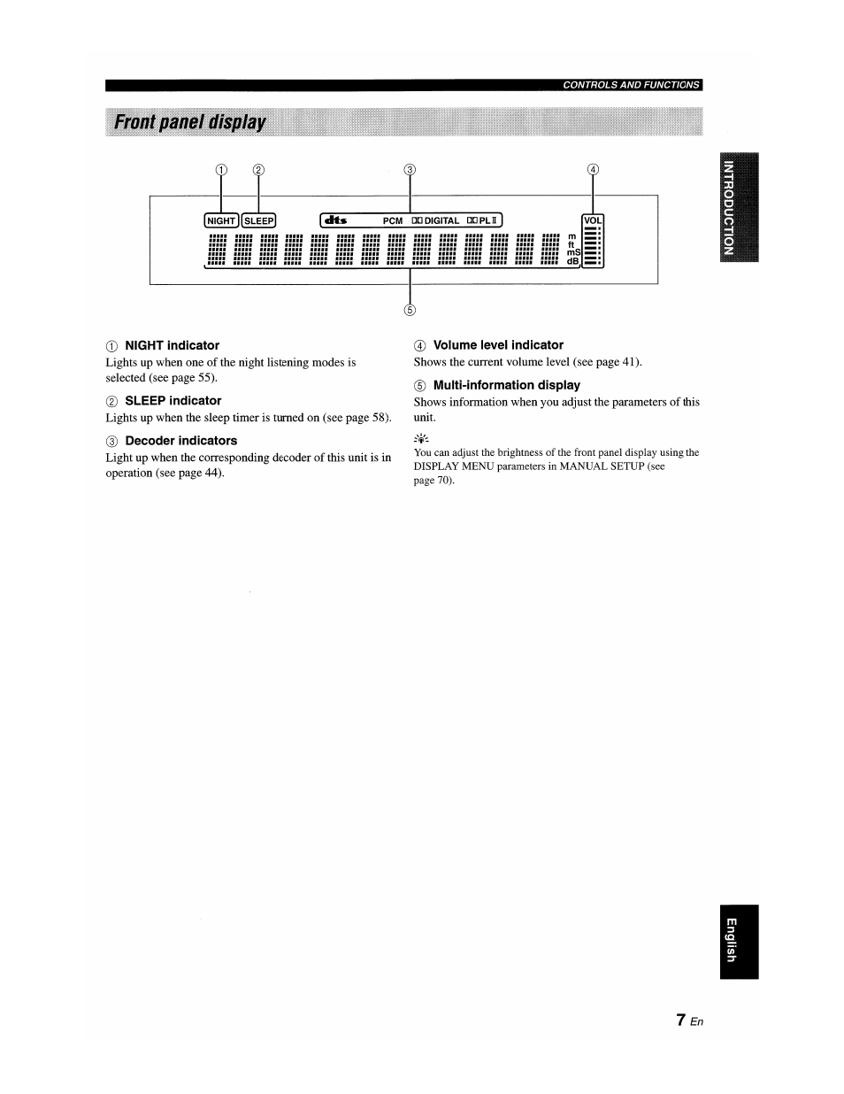 Front panel display, Night indicator, Sleep indicator | Decoder indicators, 0 volume level indicator, 0 multi-information display, 0volume level indicator, 0multi-information display | Yamaha YSP-1100 User Manual | Page 11 / 104