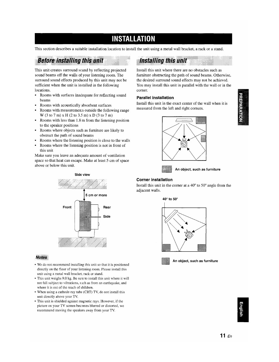 Installation, Before installing this unit, Parallel installation | Corner installation, Before installing this unit installing this unit | Yamaha YSP-1100 User Manual | Page 15 / 104