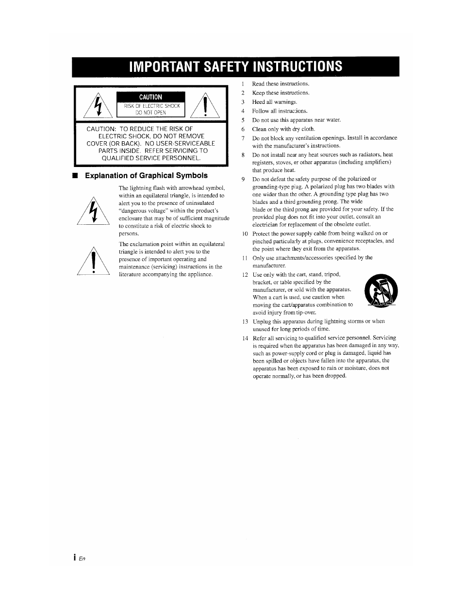 Explanation of graphical symbols, Important safety instructions, Risk of electric shock do not open | Yamaha YSP-1100 User Manual | Page 2 / 104