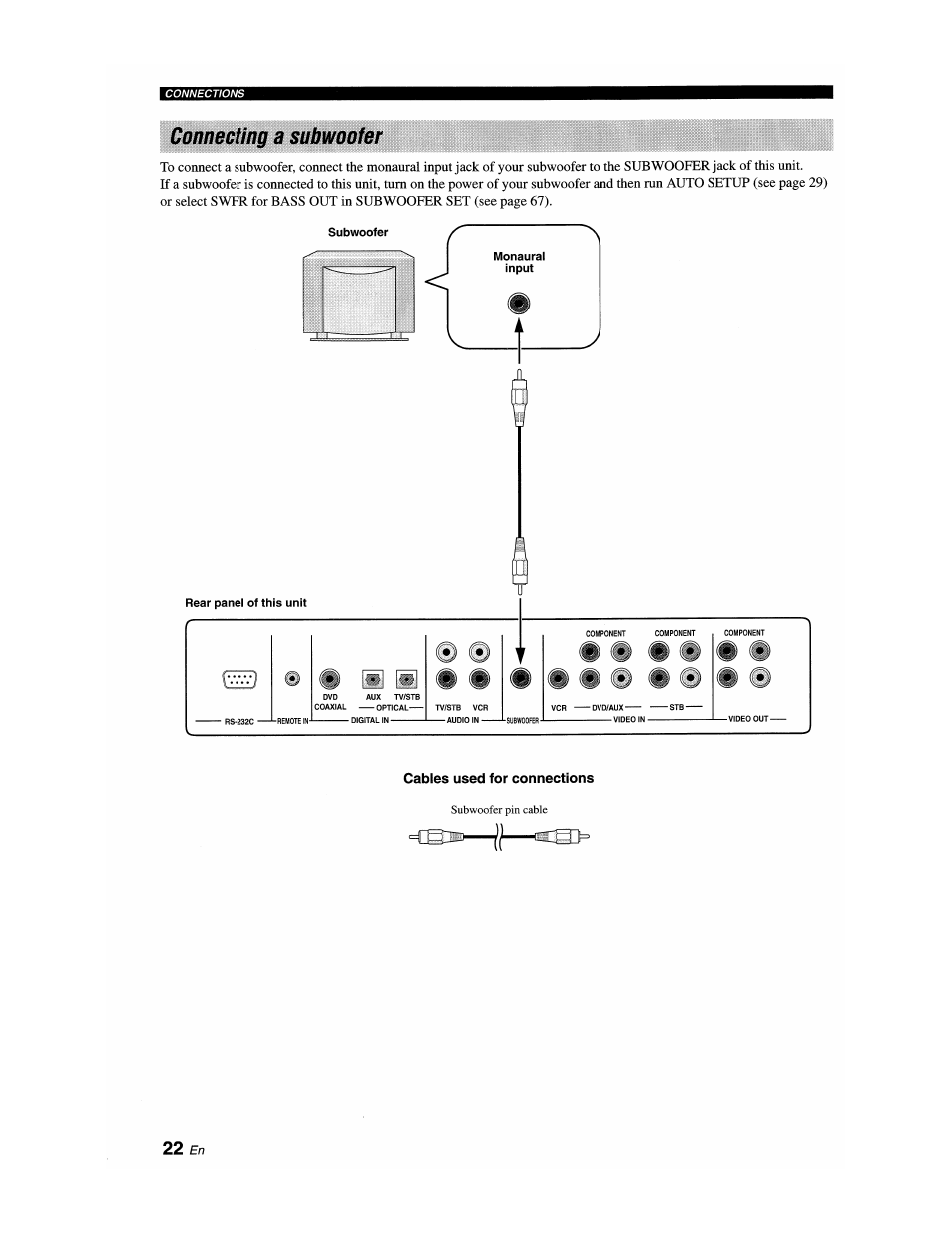 Connecting a subwoofer, 22 en | Yamaha YSP-1100 User Manual | Page 26 / 104