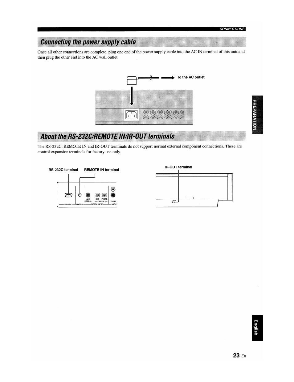Connecting the power supply cable, About the rs-232c/rem0tein/ir-out terminals | Yamaha YSP-1100 User Manual | Page 27 / 104