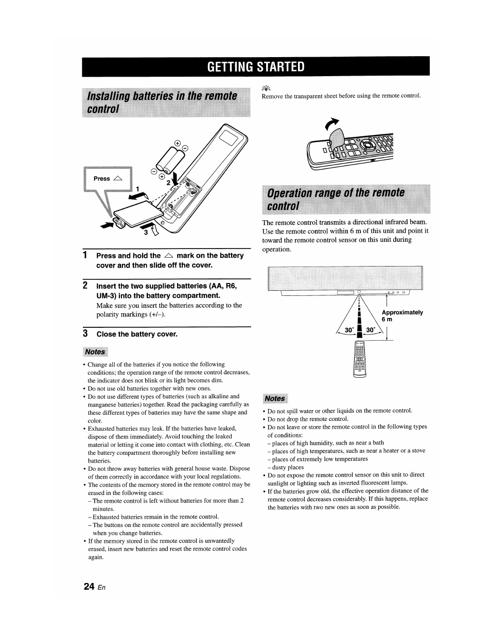 Getting started, Installing batteries in the remote control, 3 close the battery cover | Notes, Operation range of the remote control, Nates, 24 £n | Yamaha YSP-1100 User Manual | Page 28 / 104