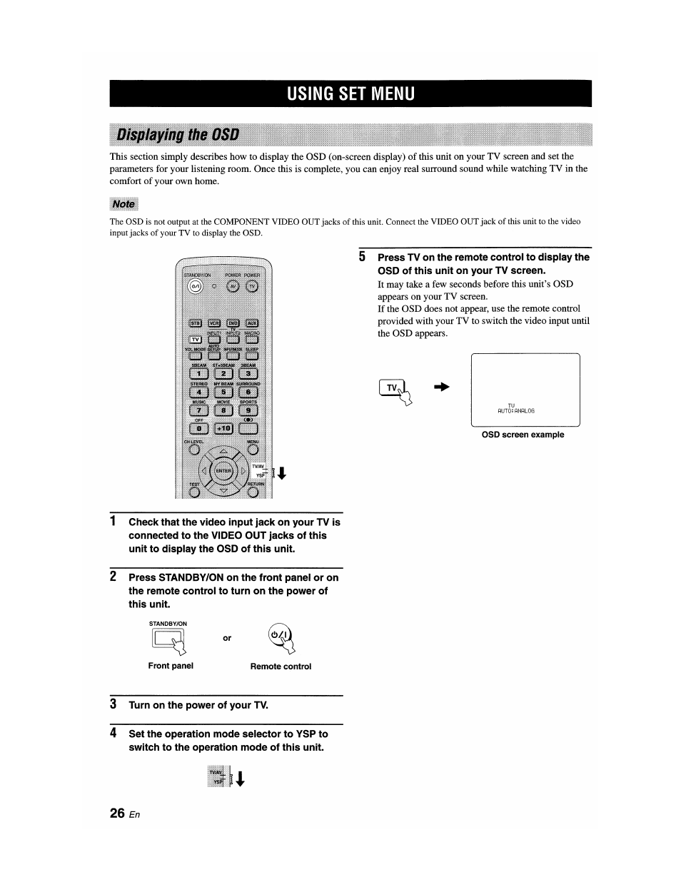 Using set menu, Displaying the osd, Note | Yamaha YSP-1100 User Manual | Page 30 / 104