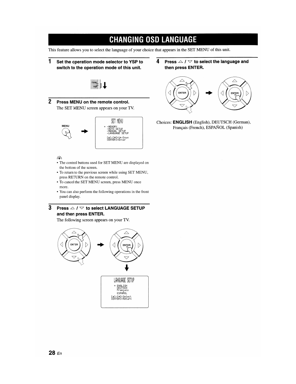 Changing osd language, 2 press menu on the remote control, S e ii | Lflltffie seiup | Yamaha YSP-1100 User Manual | Page 32 / 104