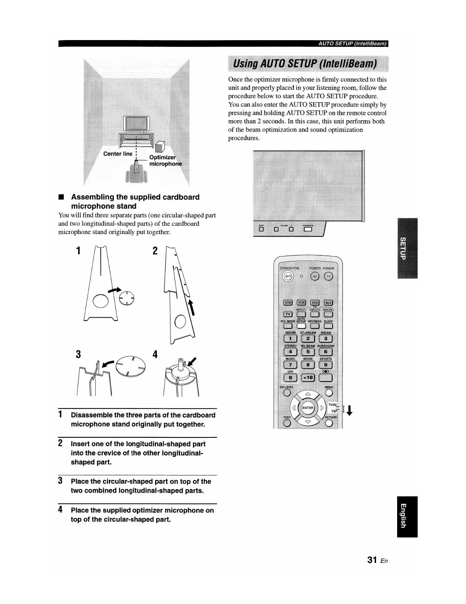 Using auto setup (inlelllbeam), Assembling the supplied cardboard microphone stand, Using auto setup (intellibeam) | Yamaha YSP-1100 User Manual | Page 35 / 104