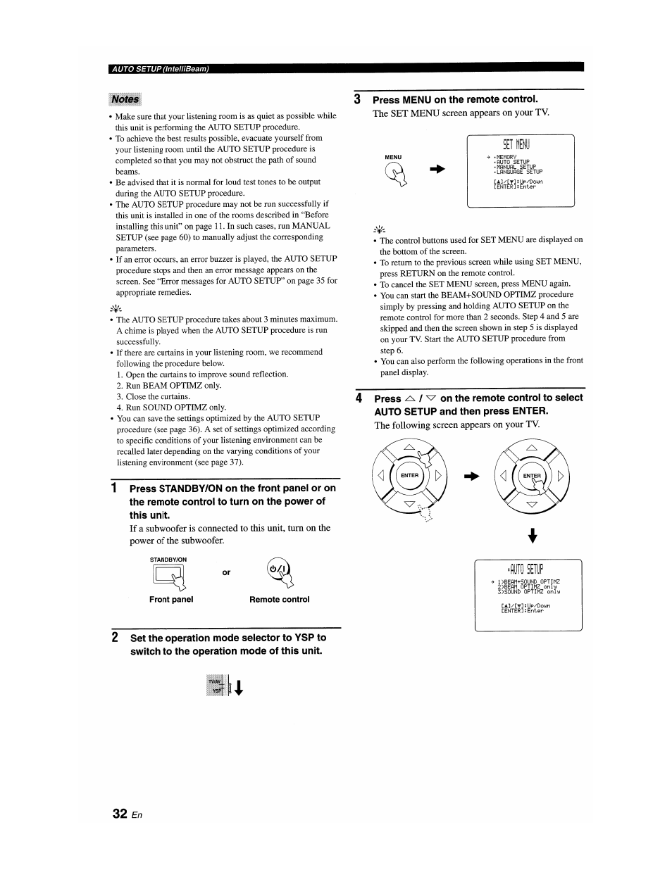 Notes, 3 press menu on the remote control, S e ii | Fill seiuf | Yamaha YSP-1100 User Manual | Page 36 / 104