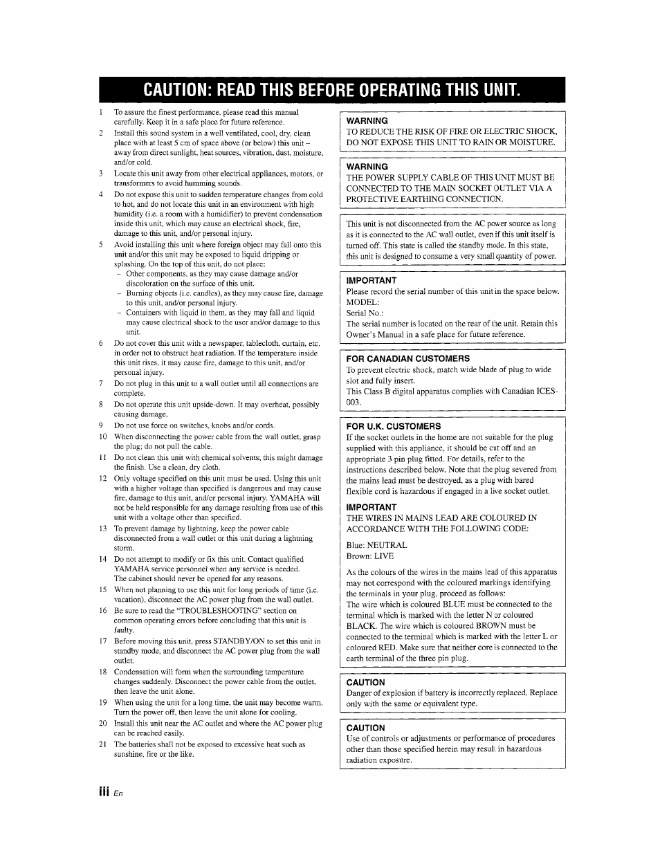 Caution: read this before operating this unit | Yamaha YSP-1100 User Manual | Page 4 / 104