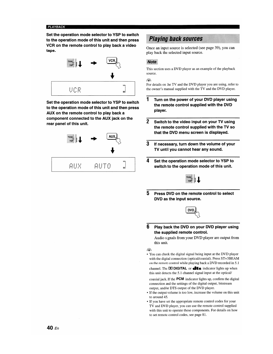 Playlag back sources, Note, Playing back sources | 40 £n | Yamaha YSP-1100 User Manual | Page 44 / 104