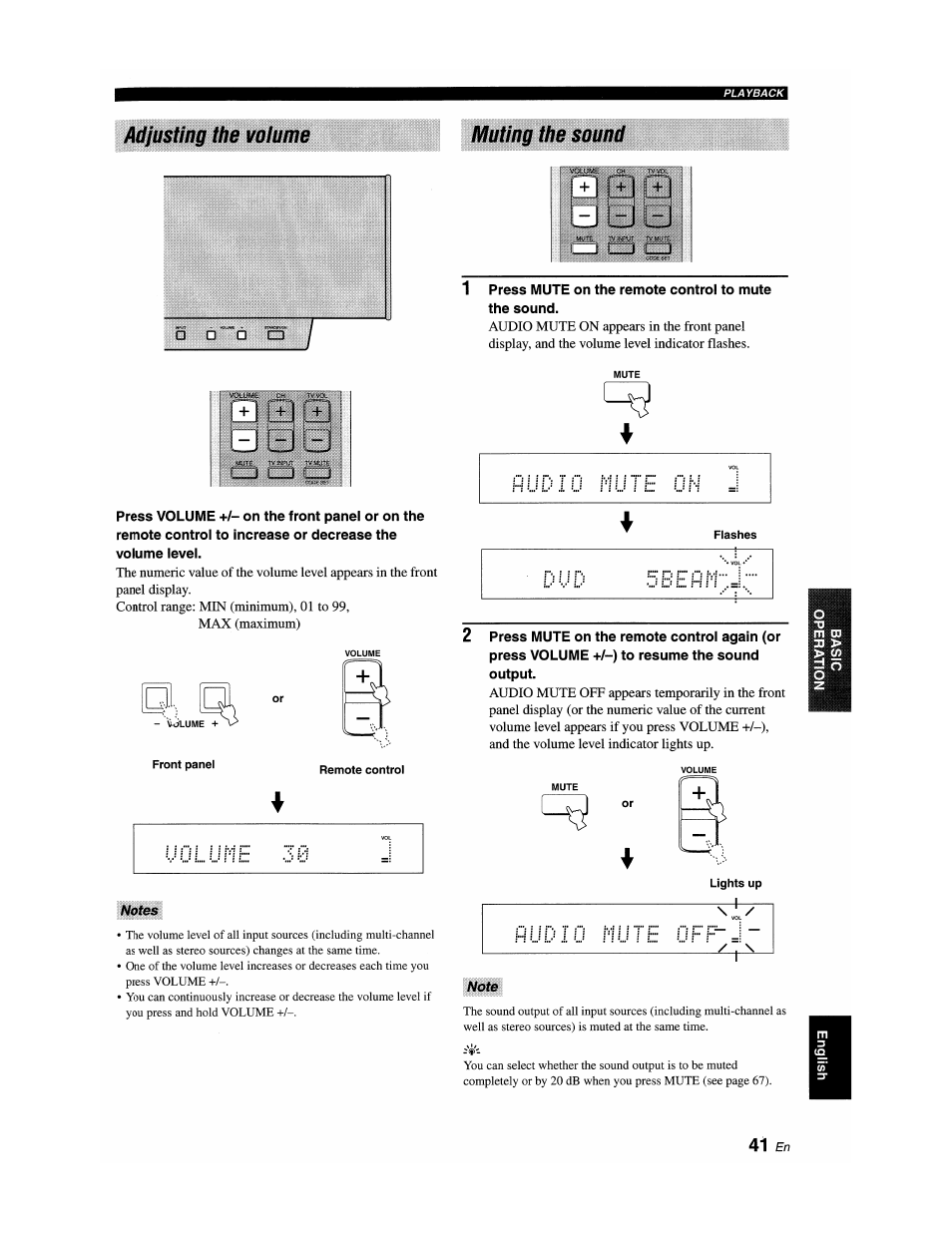 Adjusting the volume, Notes, Note | I.y 1 u, Adjusting the volume muting the sound | Yamaha YSP-1100 User Manual | Page 45 / 104