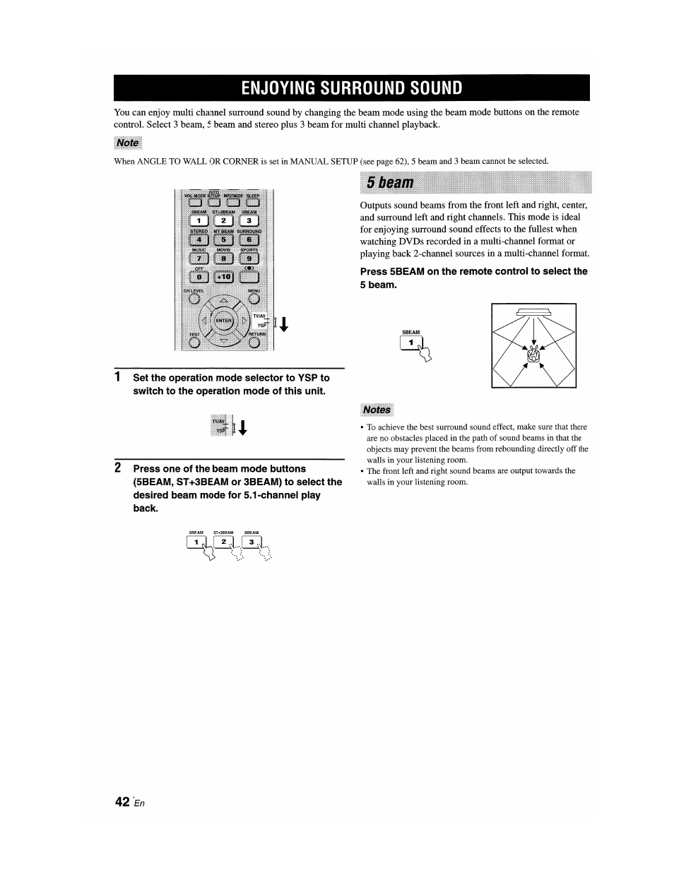 Enjoying surround sound, Note, 5 beam | 2 press one of the beam mode buttons, Notes, 42 £n | Yamaha YSP-1100 User Manual | Page 46 / 104