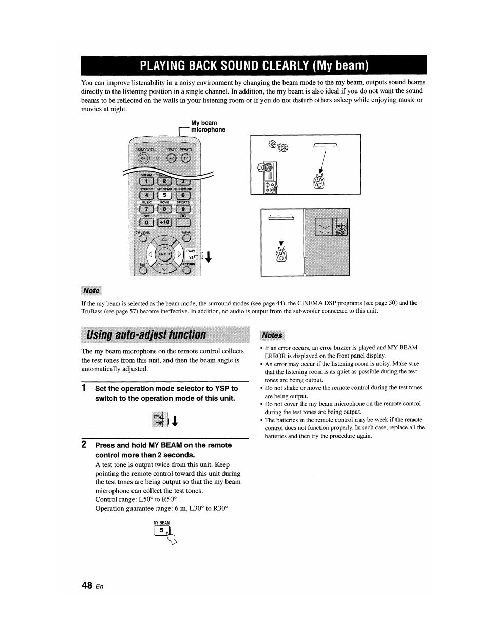 Playing back sound clearly (my beam), Note, Using auio-atljust function | Nates, Using auto-adjust function | Yamaha YSP-1100 User Manual | Page 52 / 104