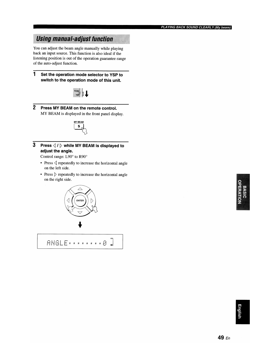 Using manuahadjust function, 2 press my beam on the remote control, Using manual-adjust function | Yamaha YSP-1100 User Manual | Page 53 / 104