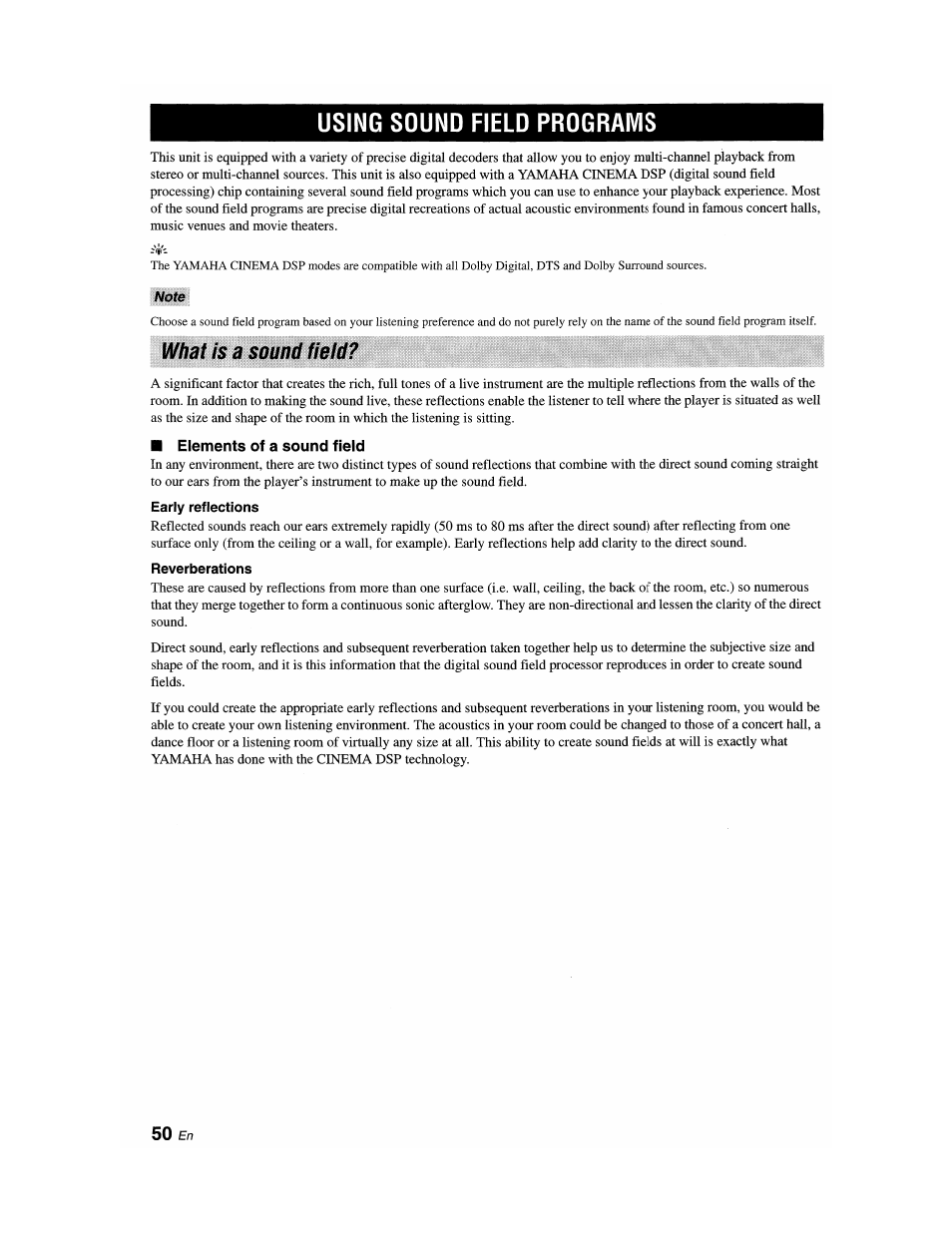 Using sound field programs, Note, What is a soanh fieih | Elements of a sound field, Early reflections, Reverberations, What is a sound field | Yamaha YSP-1100 User Manual | Page 54 / 104