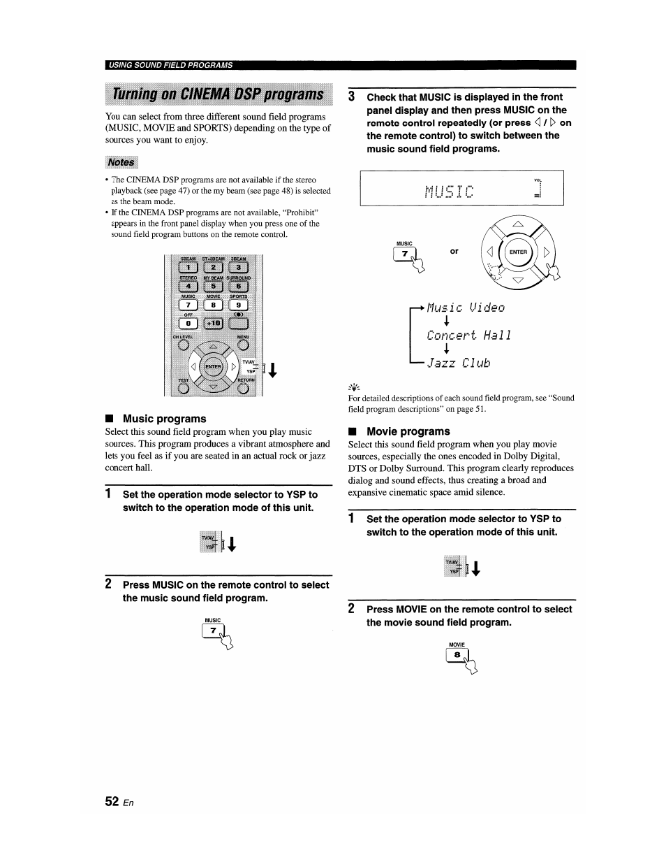 Taming on cinema dsp programs, Notes, Music programs | Movie programs, Turning on cinema dsp programs, Concert hell, Jazz club | Yamaha YSP-1100 User Manual | Page 56 / 104