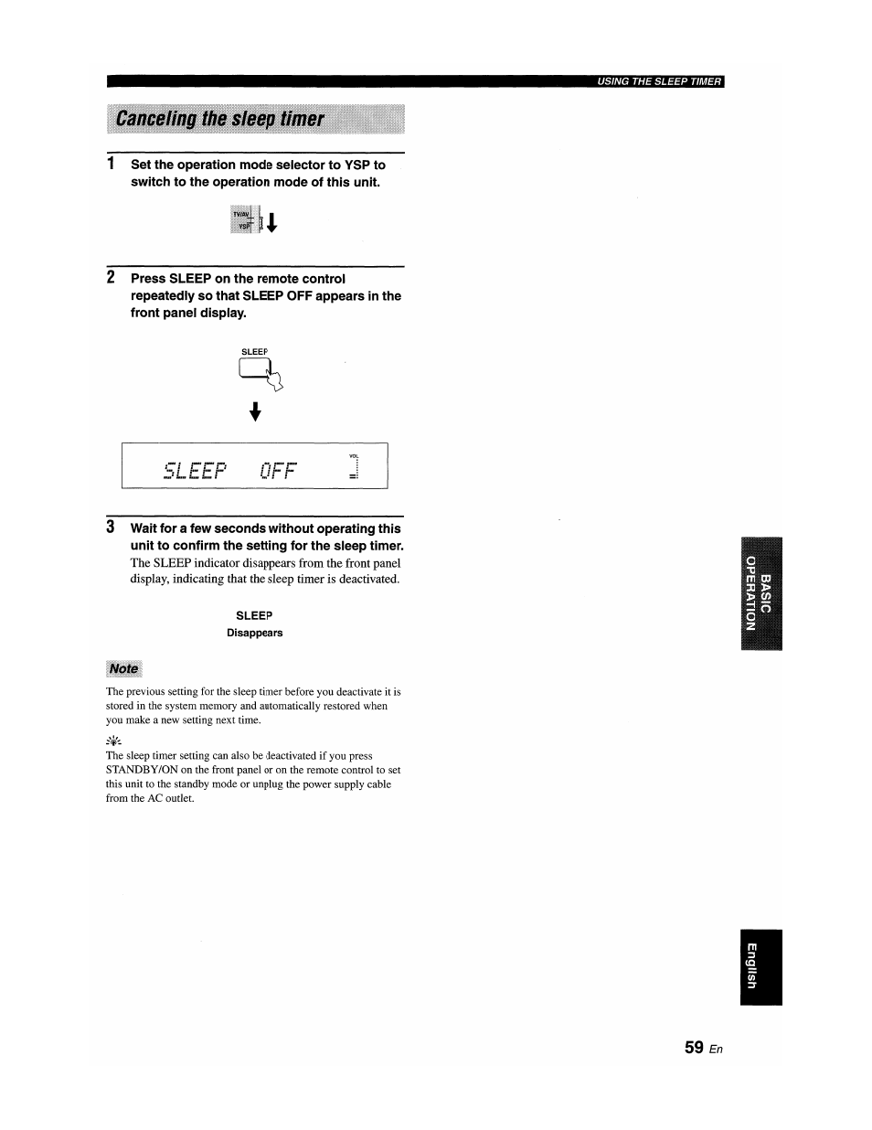 Canceling the sleep timer, Setting the sleep timer, Sleep off | Yamaha YSP-1100 User Manual | Page 63 / 104