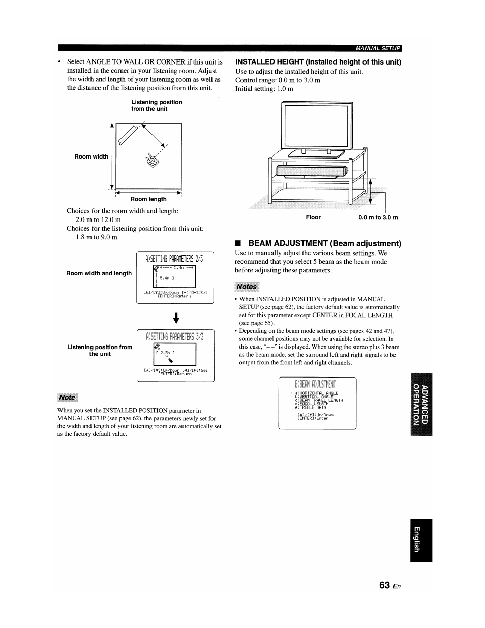 Installed height (installed height of this unit), Beam adjustment (beam adjustment), Notes | Hots, Fi)seiii[|] pfiffiiflees | Yamaha YSP-1100 User Manual | Page 67 / 104