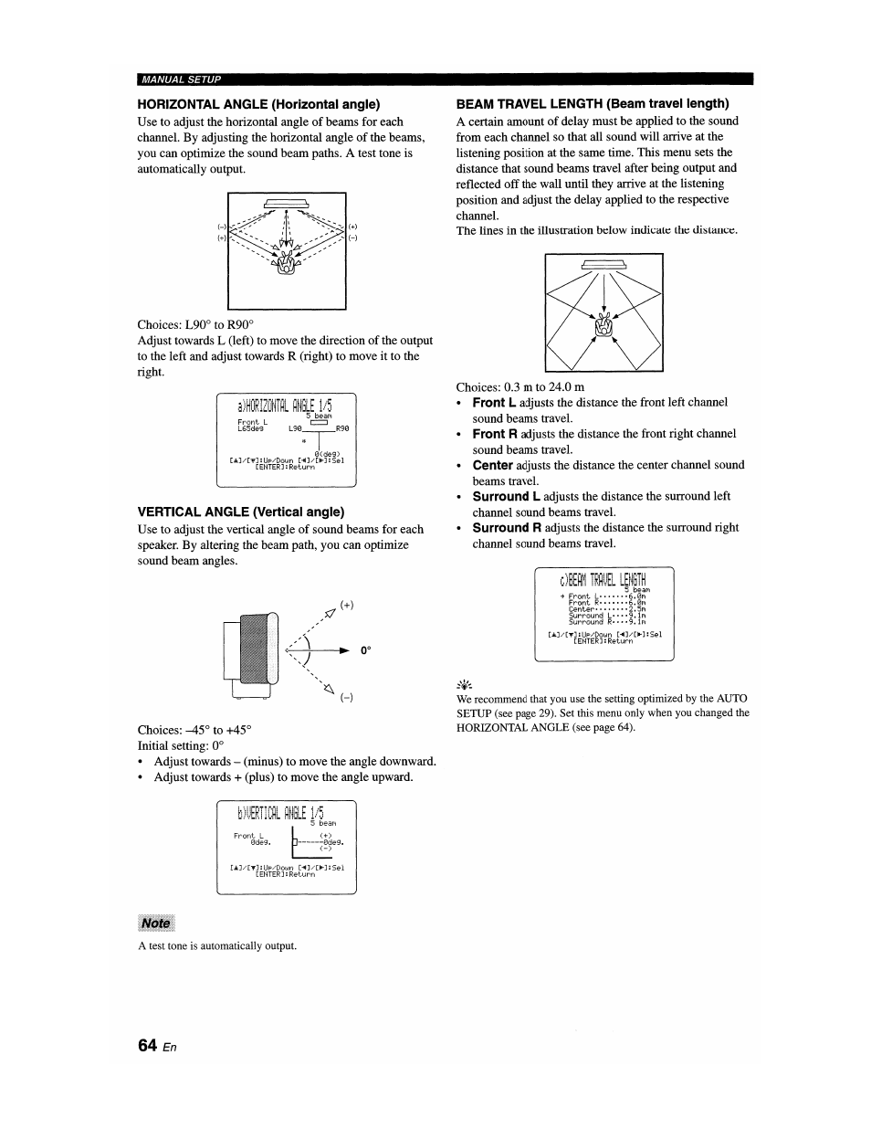 Horizontal angle (horizontal angle), Vertical angle (vertical angle), Beam travel length (beam travel length) | Note, C'lbffli ibiel leilh, Gjieiicìl isle 1/5, 64 £n | Yamaha YSP-1100 User Manual | Page 68 / 104