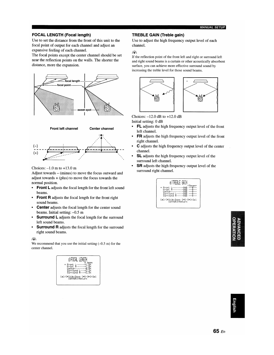 Focal length (focal length), Treble gain (treble gain) | Yamaha YSP-1100 User Manual | Page 69 / 104