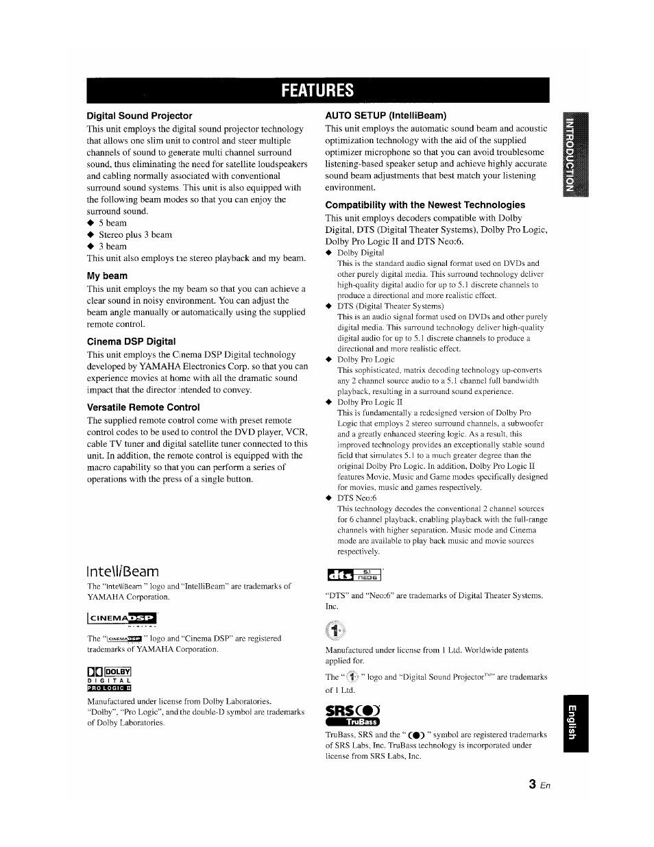 Features, Digital sound projector, My beam | Cinema dsp digital, Versatile remote control, Lnte\l/beam, Auto setup (intellibeam), Compatibility with the newest technologies, 3 beam | Yamaha YSP-1100 User Manual | Page 7 / 104